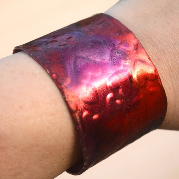 Handmade Copper Cuff Bracelet Pink Red Hearts Valentine Gift Boho Artisan OOAK - Picture 3 of 7